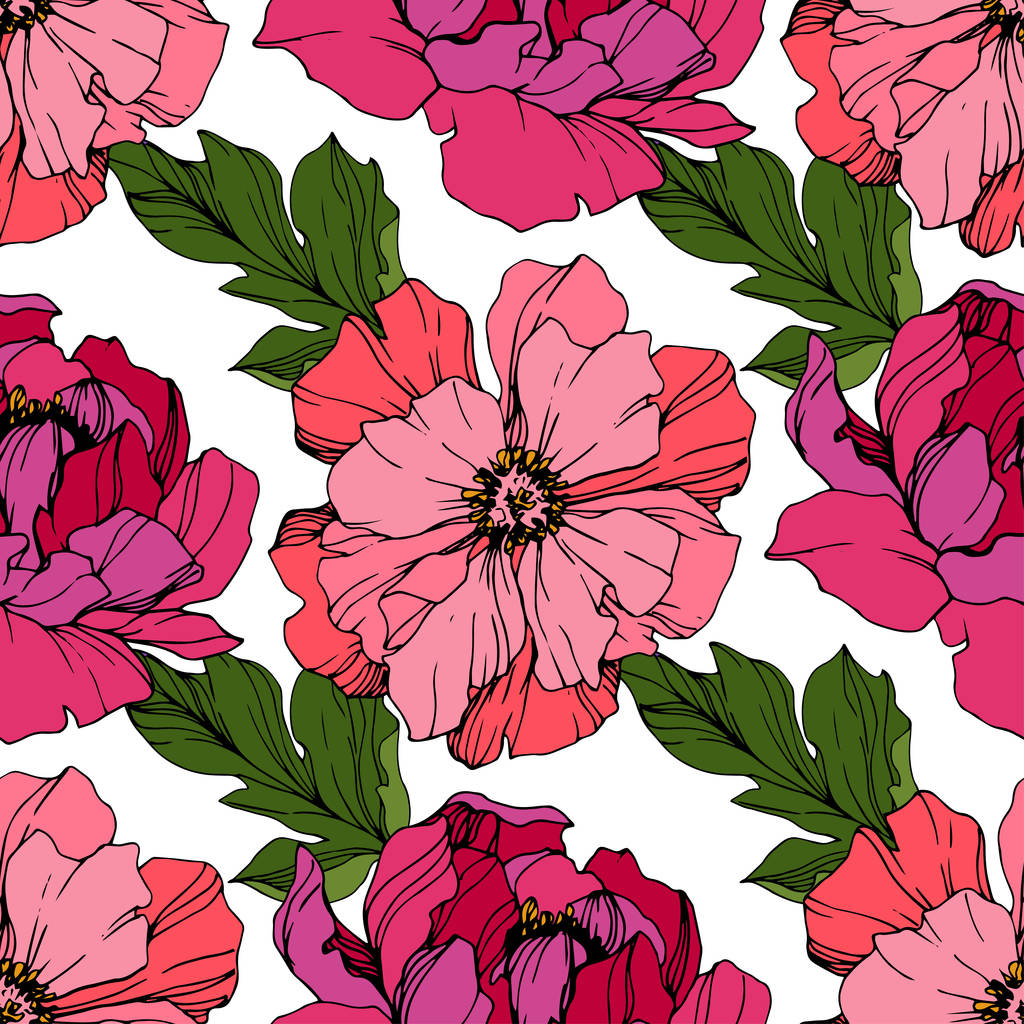 Vector Pink peonies. Wildflowers isolated on white. Engraved ink art. Seamless background pattern. Wallpaper print texture. - Vector, Image