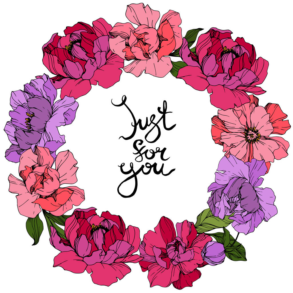 Vektor rosa und lila Pfingstrosen. Wildblumen isoliert auf weiß. Tuschebilder. Blumenrahmen mit Schriftzug "just for you" - Vektor, Bild