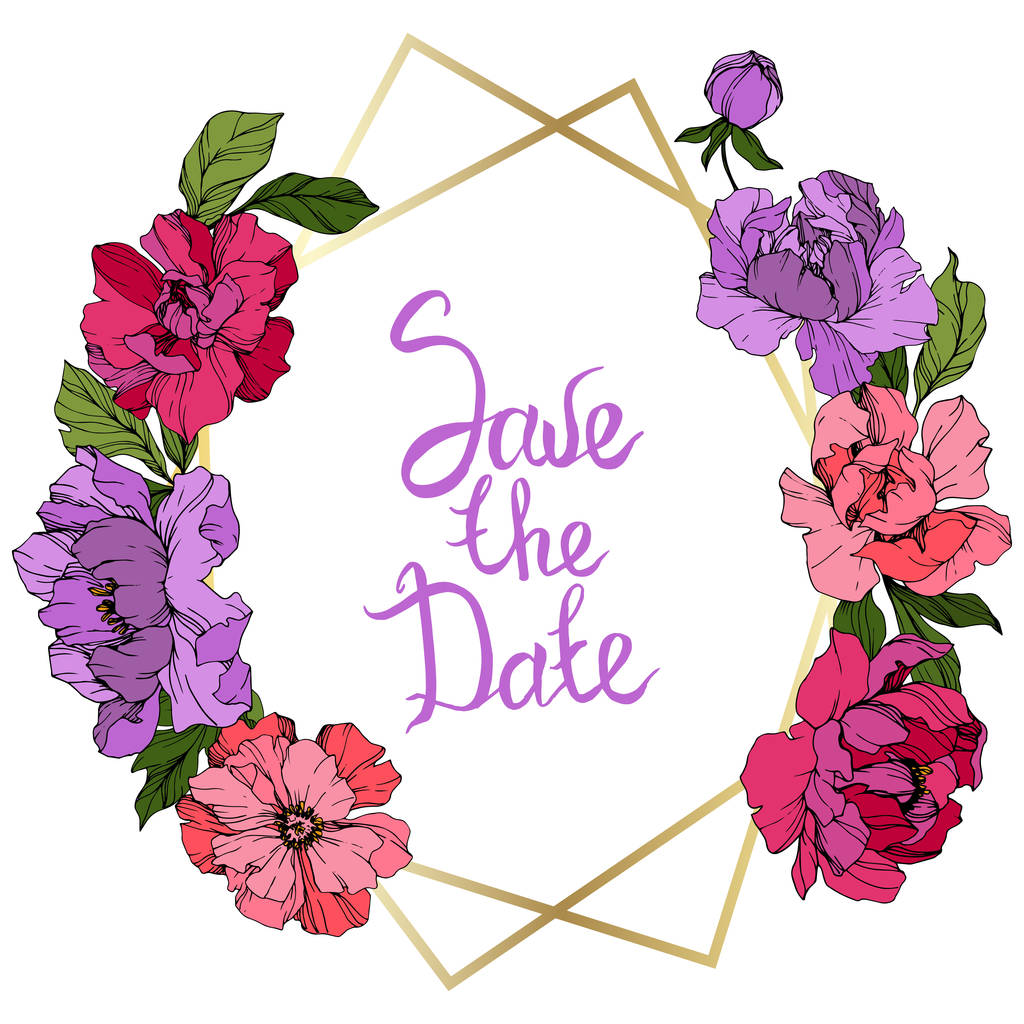 Vector Pink and purple peonies. Wildflowers isolated on white. Engraved ink art. Floral frame border with 'save the date' lettering - Vector, Image