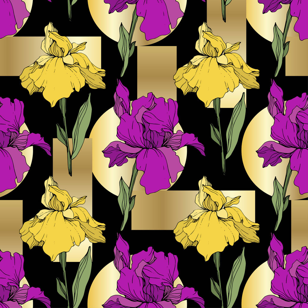Vector paars met gele irissen. Wilde bloemen op decoratieve achtergrond. Gegraveerde inkt art. Naadloze achtergrondpatroon. Behang print textuur. - Vector, afbeelding