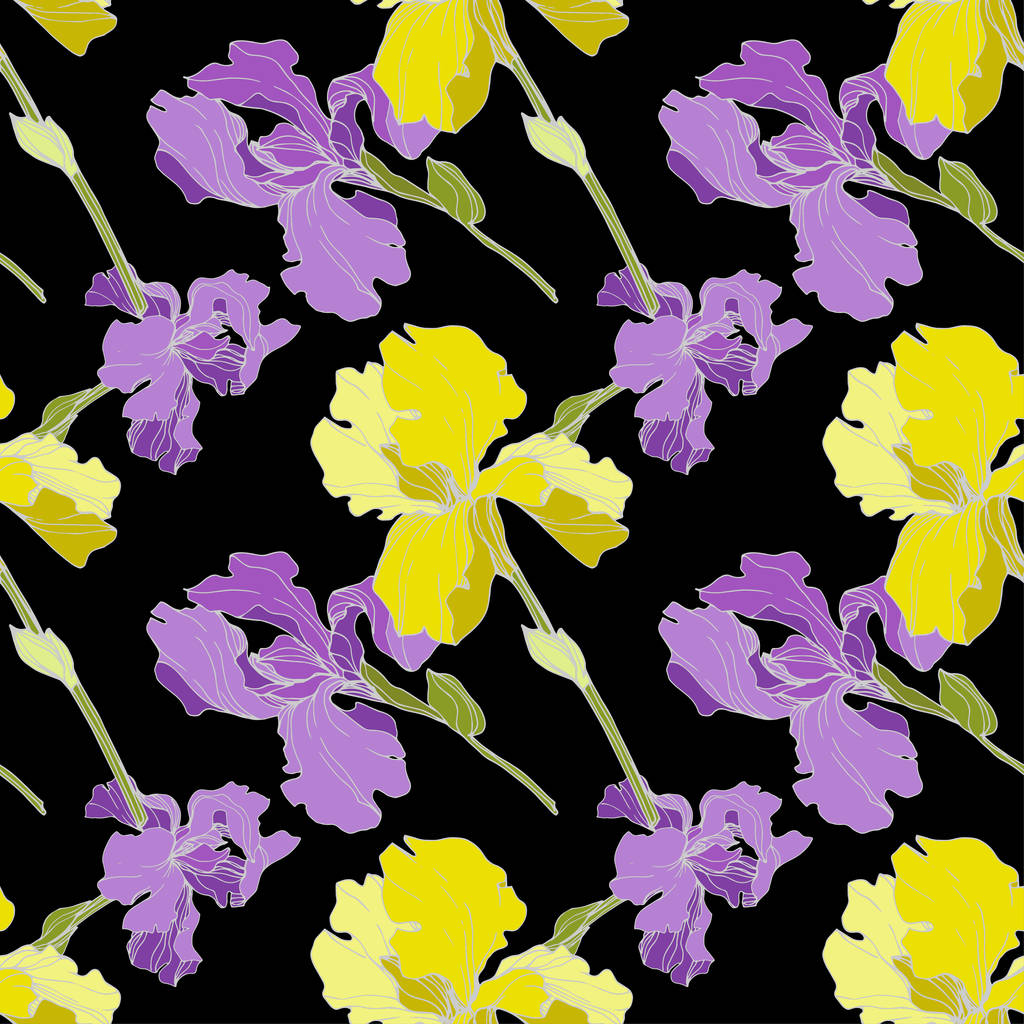 Vector purple and yellow Irises isolated on black. Colorful wildflowers. Engraved ink art. Seamless background pattern. Wallpaper print texture - Vector, Image