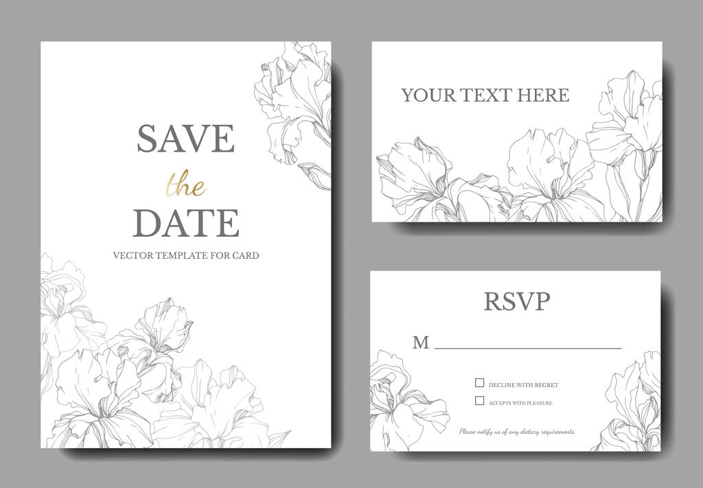 Vector irises. Engraved ink art. Wedding cards with decorative flowers on background. 'Save the date', 'rsvp', invitation cards graphic set banner. - Vector, Image