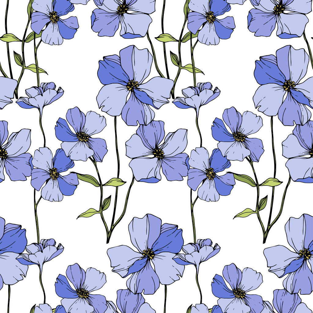 Vector Blue flax. Wildflowers isolated on white. Engraved ink art. Seamless background pattern. Wallpaper print texture. - Vector, Image