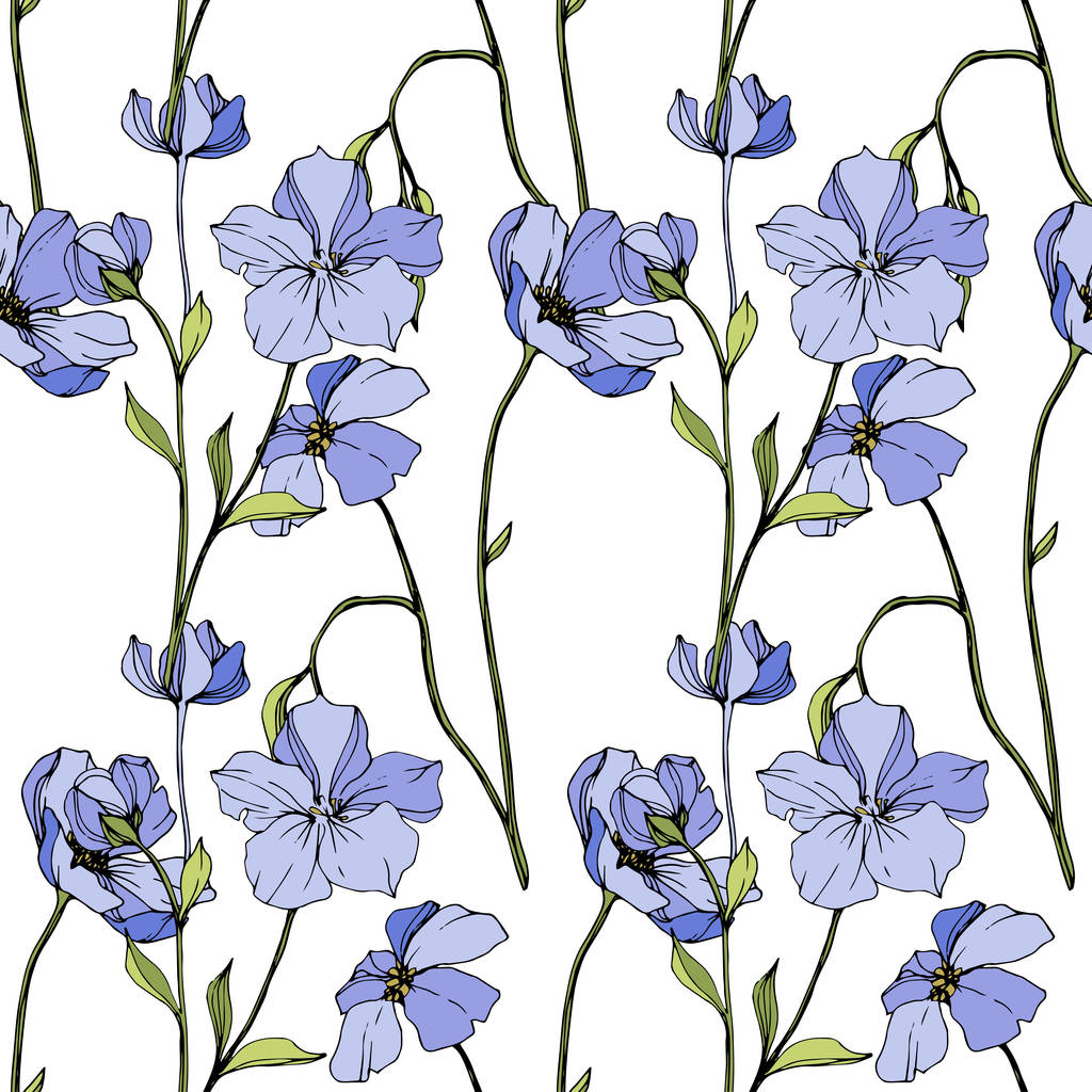 Vektor blauer Flachs. Wildblumen isoliert auf weiß. Tuschebilder. nahtlose Hintergrundmuster. Tapete drucken Textur. - Vektor, Bild