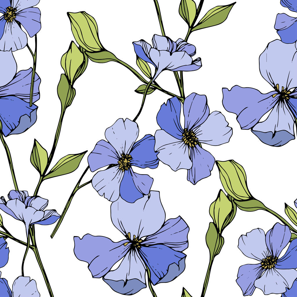 青い亜麻をベクトルします。野生の花が白で隔離。刻まれたインク アート。シームレスな背景パターン。プリントのテクスチャーを壁紙します。. - ベクター画像