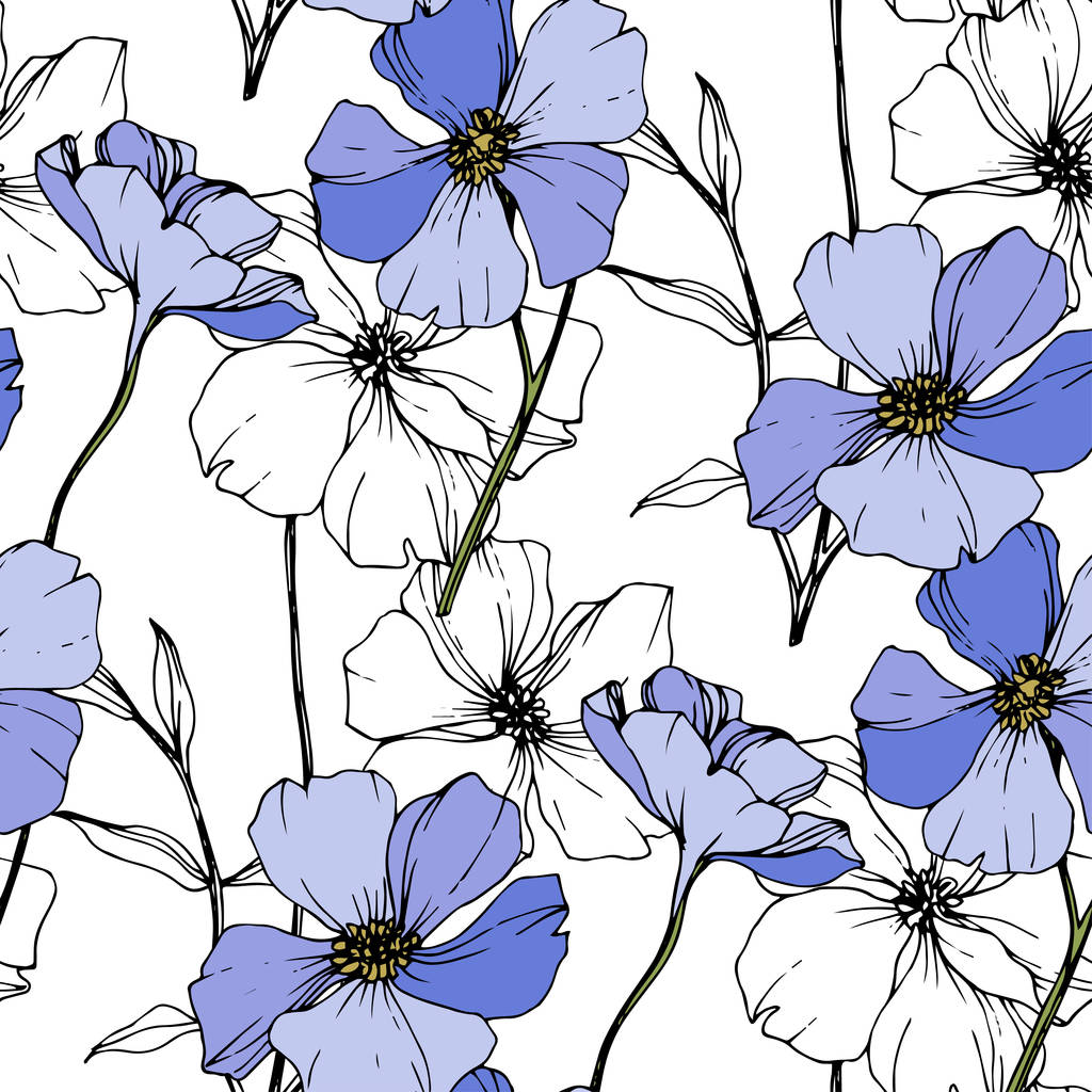 Vector Blue flax. Wildflowers isolated on white. Engraved ink art. Seamless background pattern. Wallpaper print texture. - Vector, Image