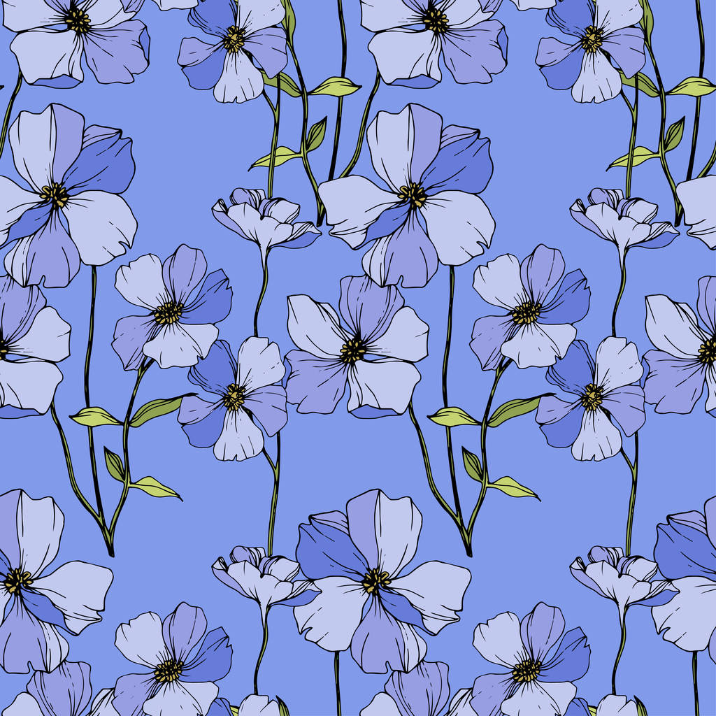 青い亜麻をベクトルします。青に分離した野生の花。刻まれたインク アート。シームレスな背景パターン。プリントのテクスチャーを壁紙します。. - ベクター画像
