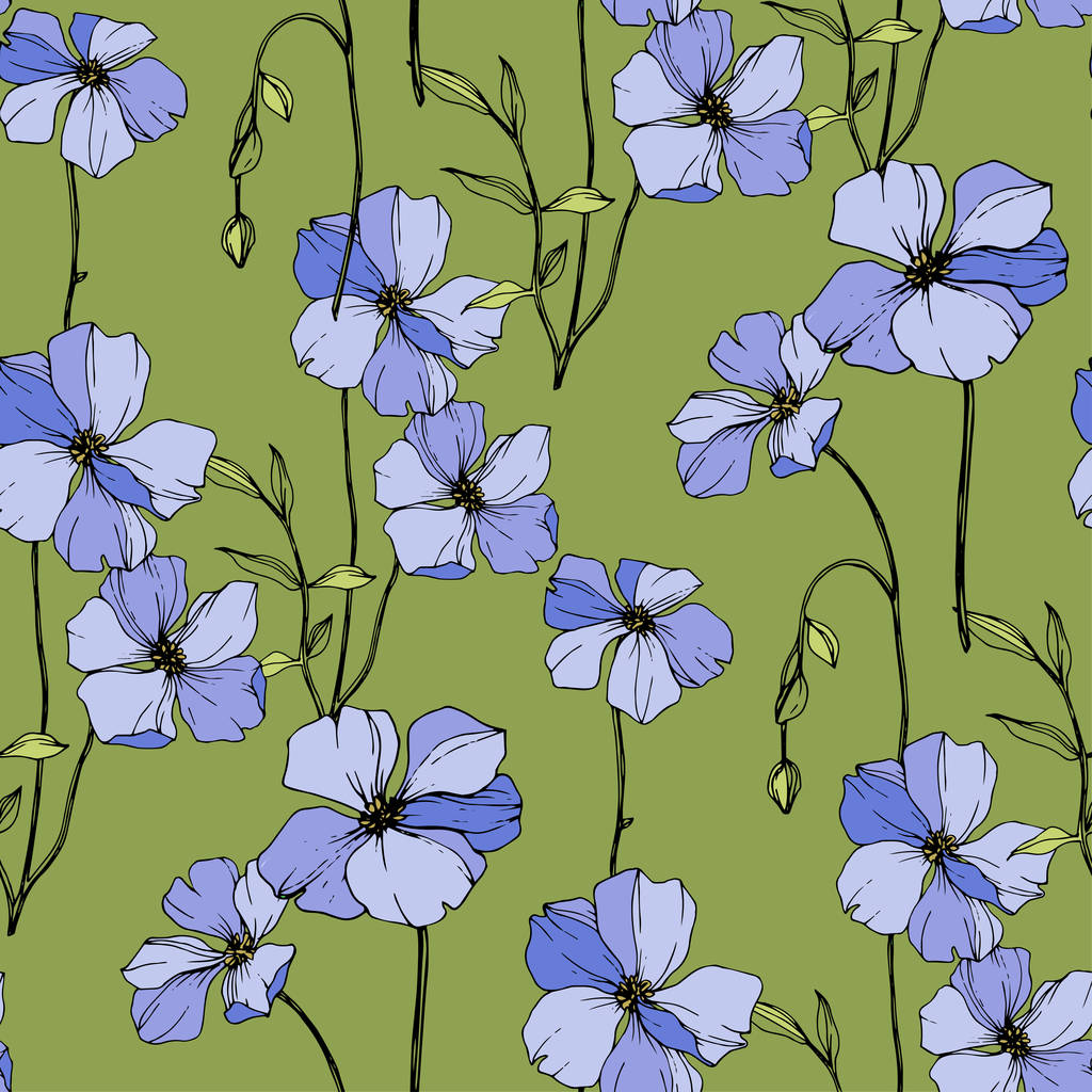Vector blauwe vlas. Wildflower geïsoleerd op groen. Gegraveerde inkt art. Naadloze achtergrondpatroon. Behang print textuur. - Vector, afbeelding
