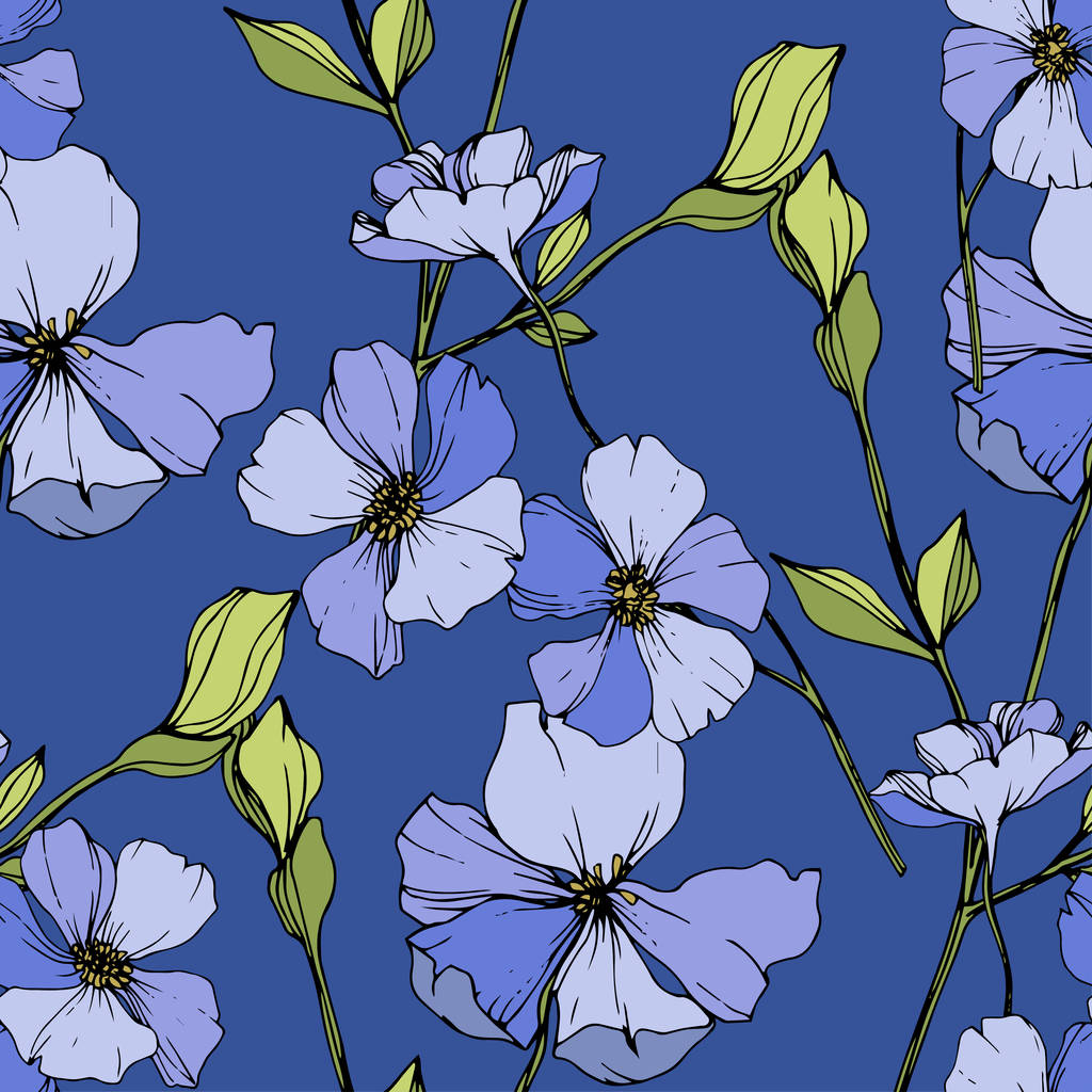Vector de lino azul. Flores silvestres aisladas en azul. Arte de tinta grabada. Patrón de fondo sin costuras. Fondo de pantalla imprimir textura
. - Vector, Imagen