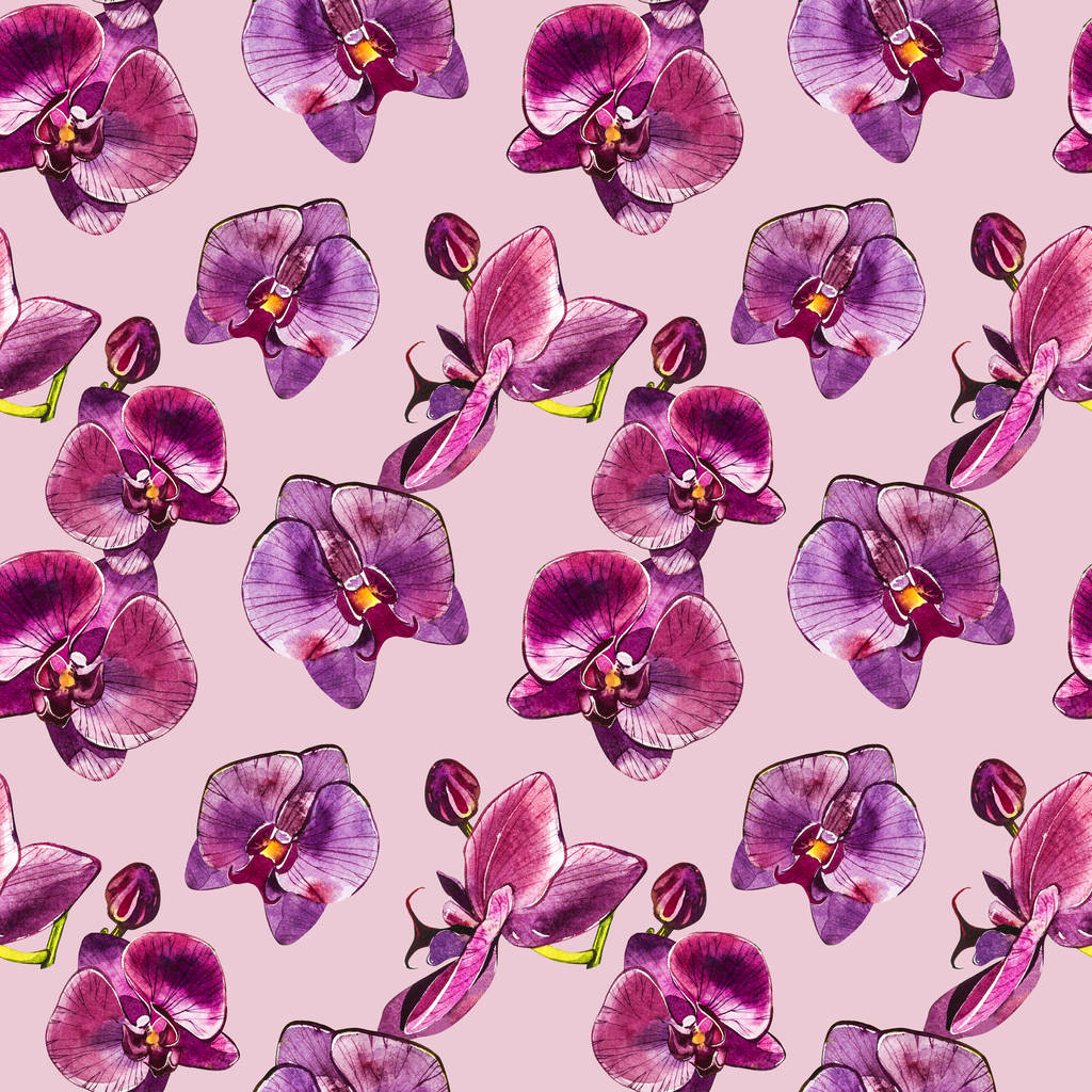 Ramo de orquídea aquarela, desenhado à mão floral sem costura fundo padrão. Flora aquarela ilustração, pintura botânica, desenho à mão
. - Foto, Imagem