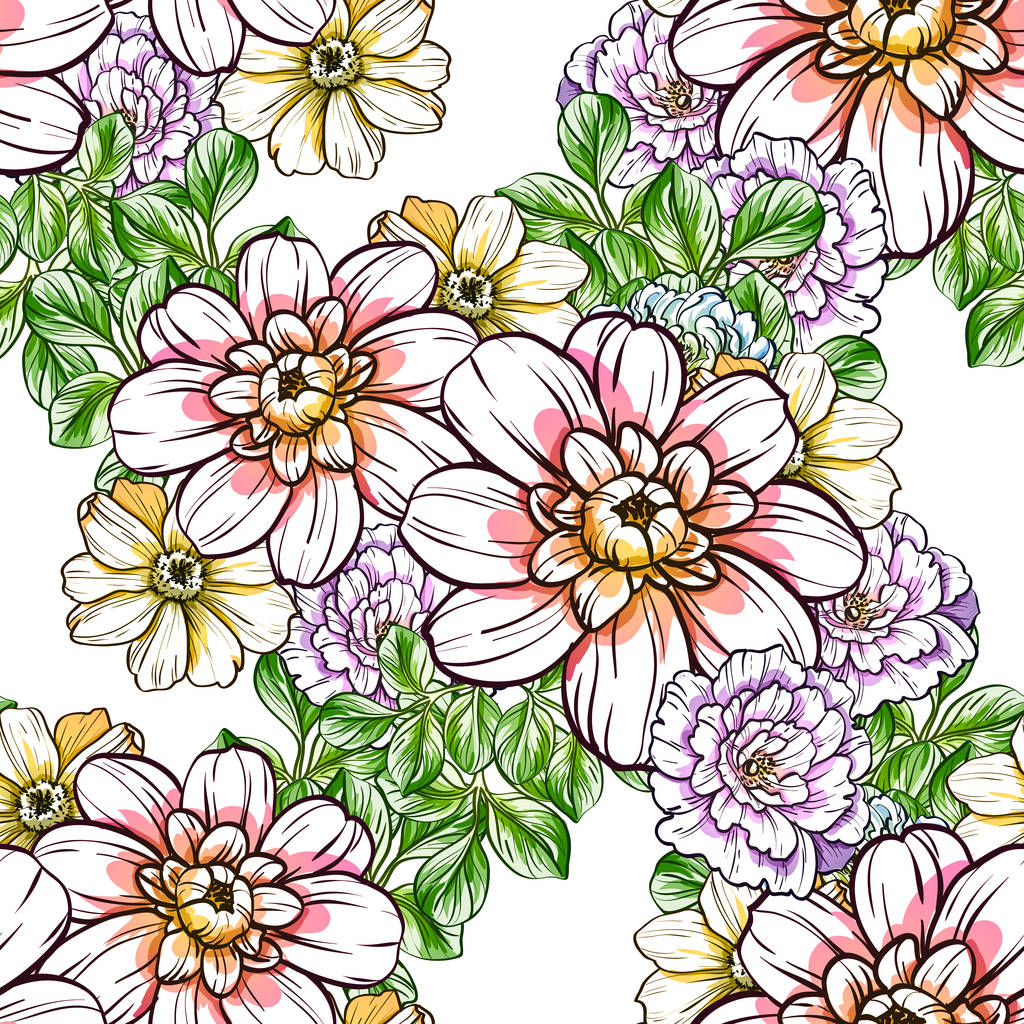 Estilo vintage sem costura padrão de flor brilhante. Elementos florais em cores
 - Vetor, Imagem