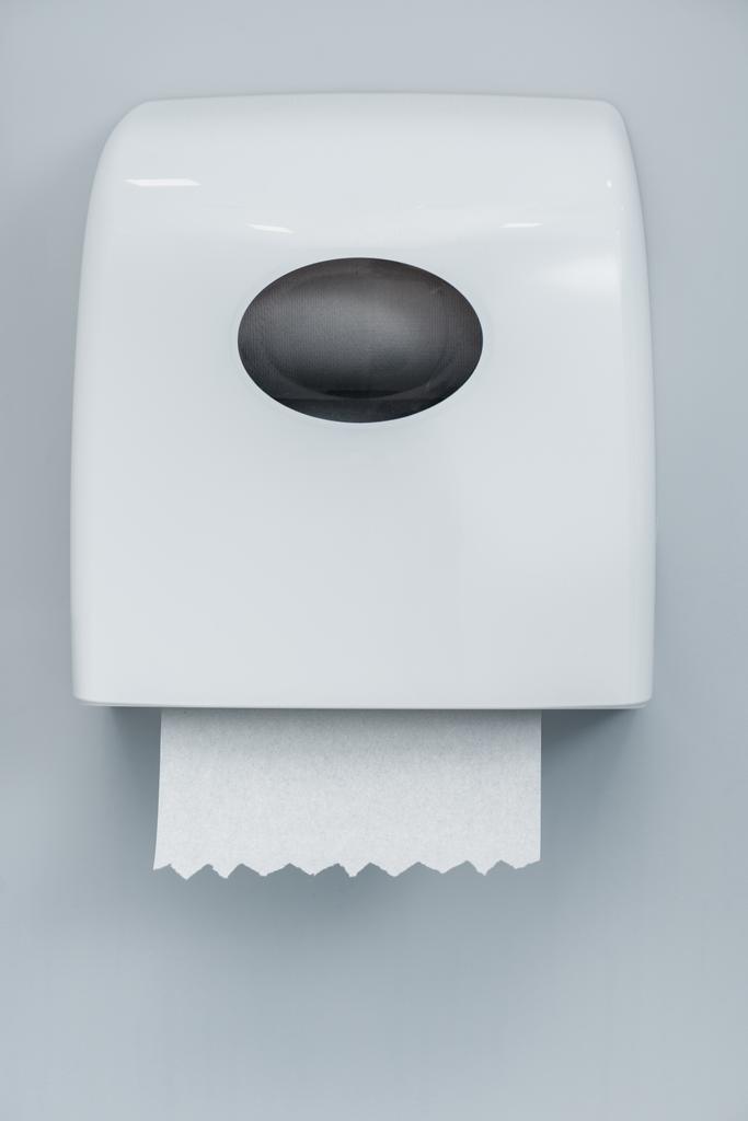 close up of paper roll in white holder isolated on grey  - Photo, Image