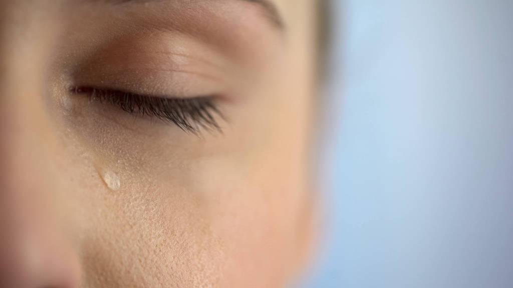 Face of unhappy woman crying, closeup eye with teardrops, life problems anguish - Photo, Image