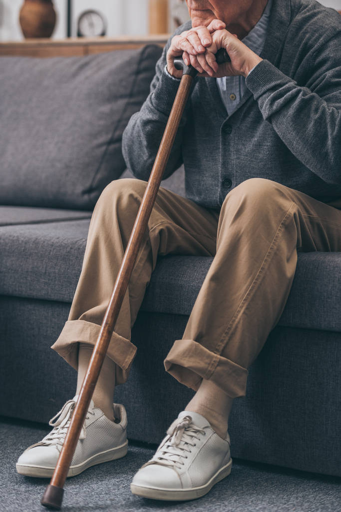 vista cortada do pensionista masculino sentado no sofá com bengala
 - Foto, Imagem