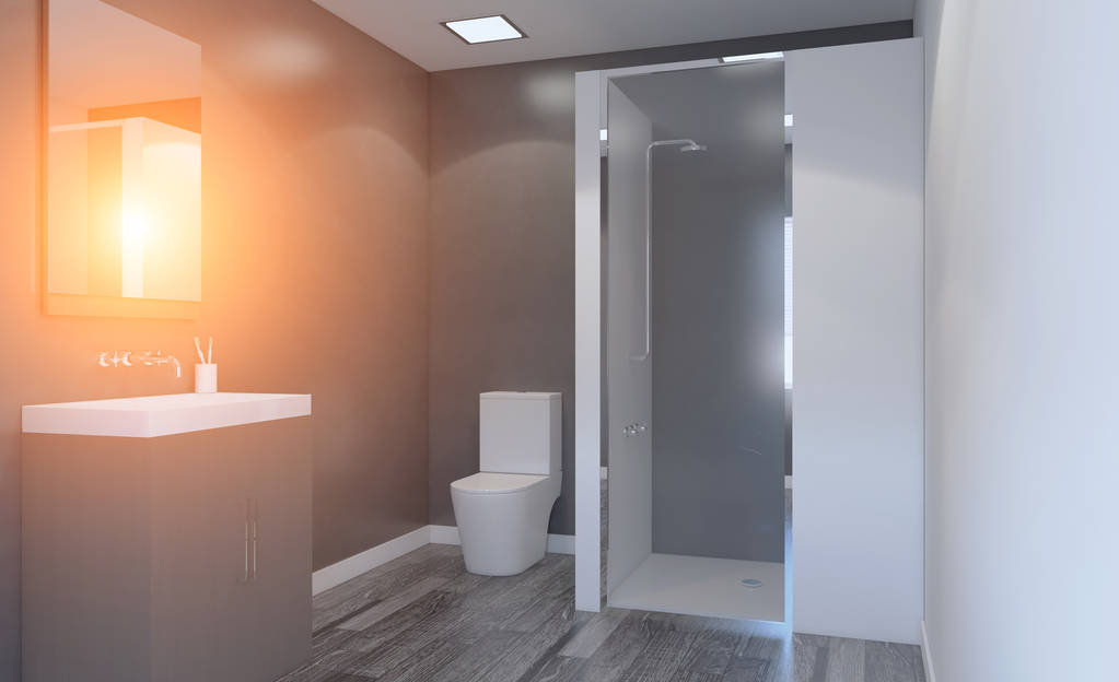 Μοντέρνο μπάνιο με μπανιέρα και νεροχύτη. 3D rendering. Ηλιοβασίλεμα. - Φωτογραφία, εικόνα