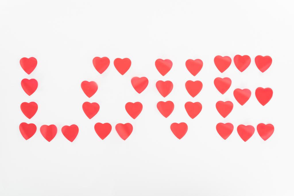 Nézd meg felülről a betűkkel készült elszigetelt fehér, Szent Valentin nap fogalom szív szimbólum szeretet - Fotó, kép