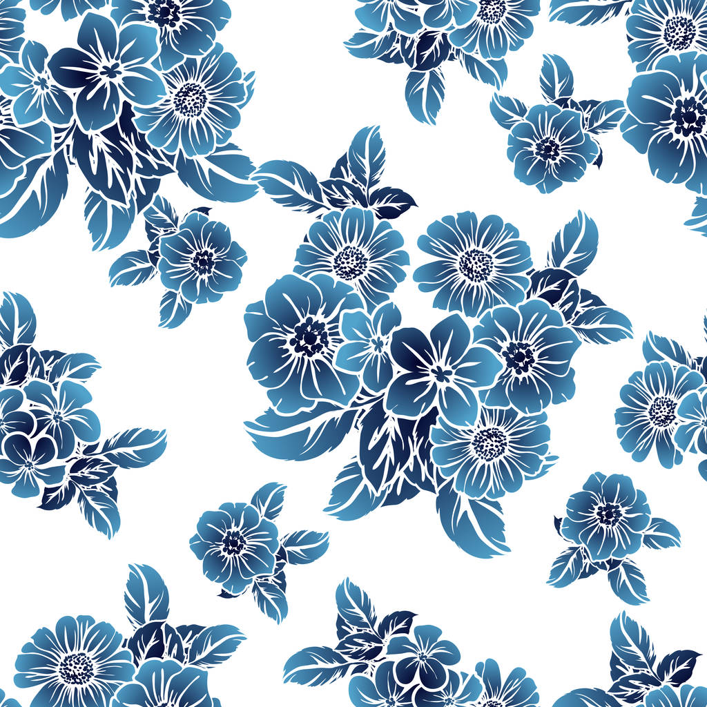 Bezszwowe stylu vintage monochromatyczne ciemny niebieski kolorowe kwiatki. Kwiatowy elementy. - Wektor, obraz