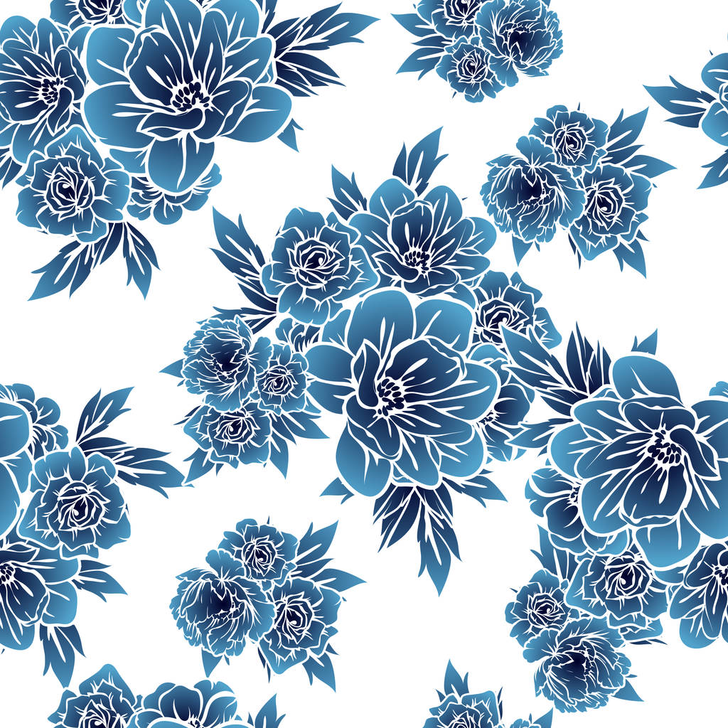 シームレスなヴィンテージスタイル白黒ブルー色の花のパターン。花の要素. - ベクター画像