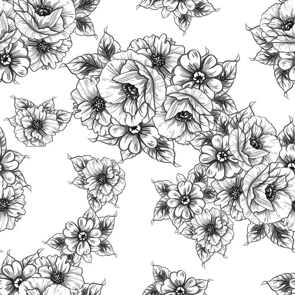 Varrat nélküli vintage stílusú virág minta. Fekete-fehér virág elemek. - Vektor, kép