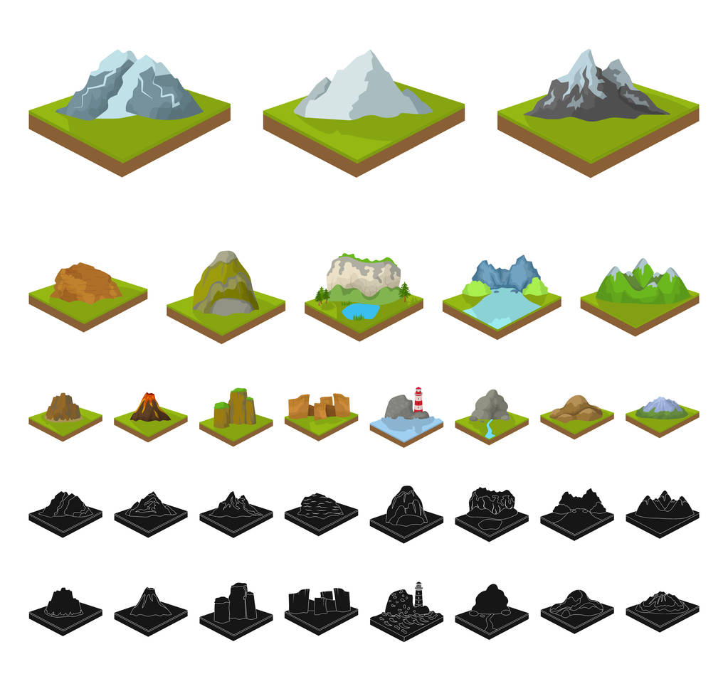 Mountains, massive cartoon, black icons in set collection for design. The surface of the earth vector isometric symbol stock web illustration. - Vector, Image