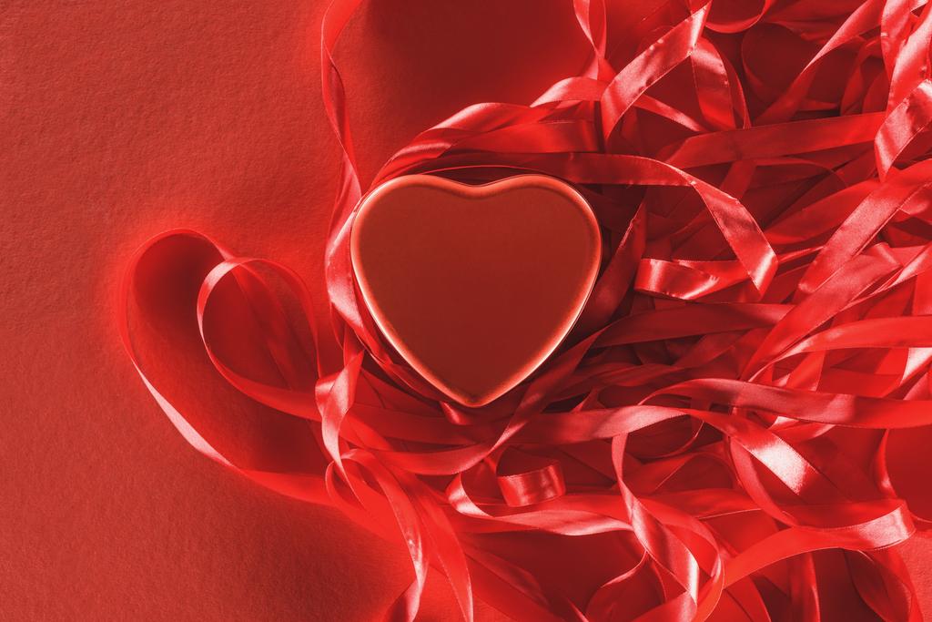 close-up view of beautiful red heart and decorative ribbons, valentines day background - Photo, Image