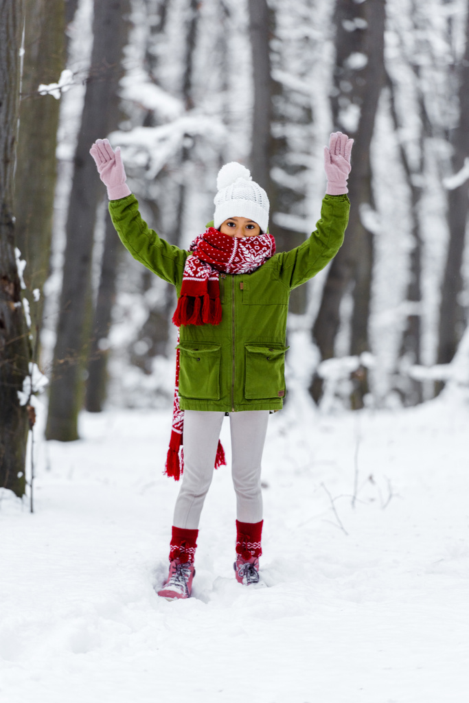 афроамериканська дитина в теплому одязі з піднятими руками дивиться на камеру в зимовому парку
 - Фото, зображення