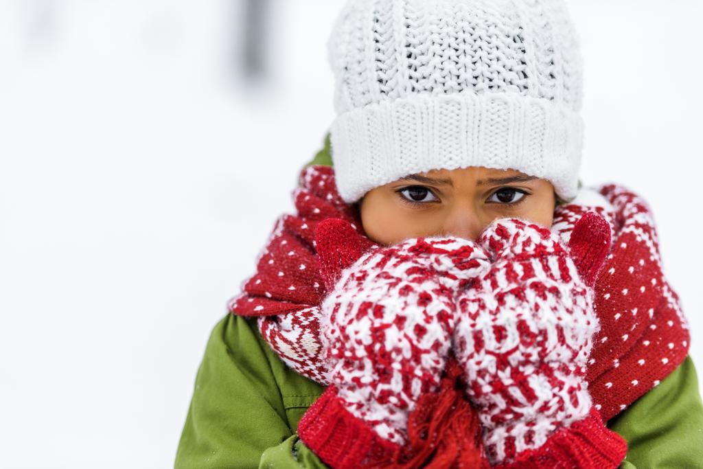 vista da vicino del bambino afroamericano in maglia cappello, guanti e sciarpa guardando la fotocamera in inverno
 - Foto, immagini