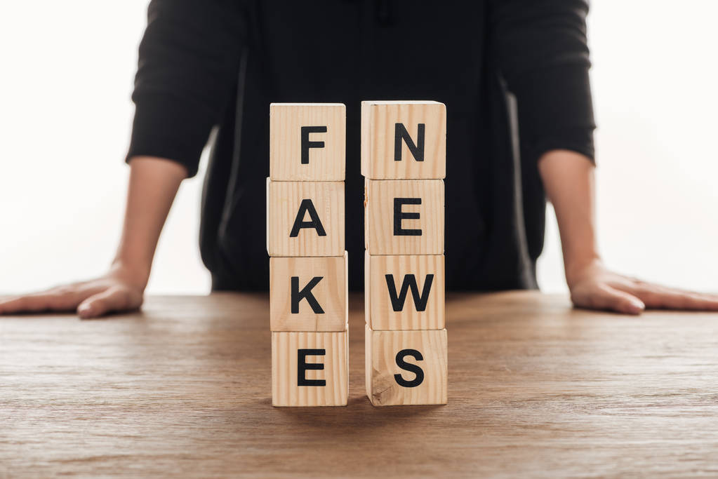 cropped image of journalist leaning on table with wooden cubes with words fake news - Photo, Image