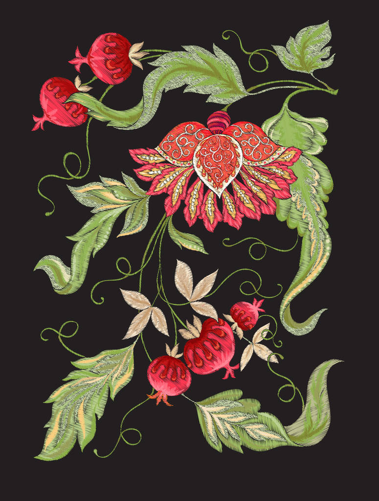 Retro vintage stílusú stilizált Dísznövény virág minta. Utánzás a jakobinus hímzés. Fekete háttér piros és zöld színben elkülönített színes vektoros illusztráció. - Vektor, kép