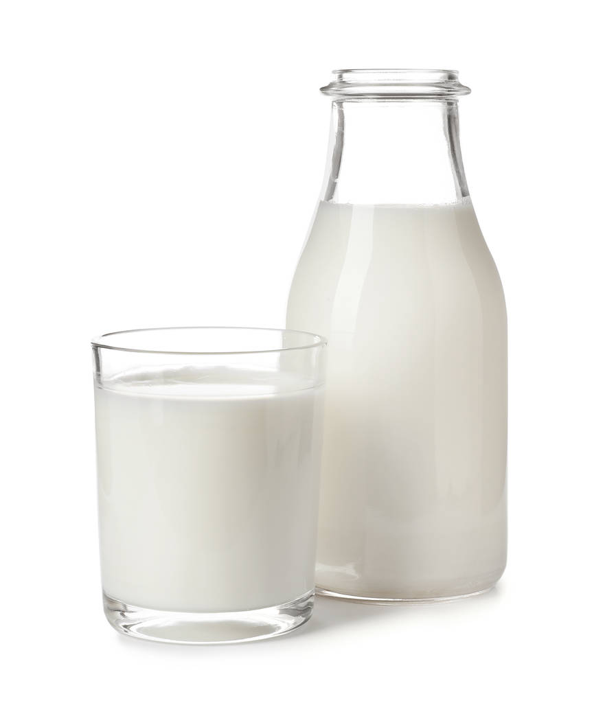 Vidrio y botella con leche fresca sobre fondo blanco
 - Foto, Imagen