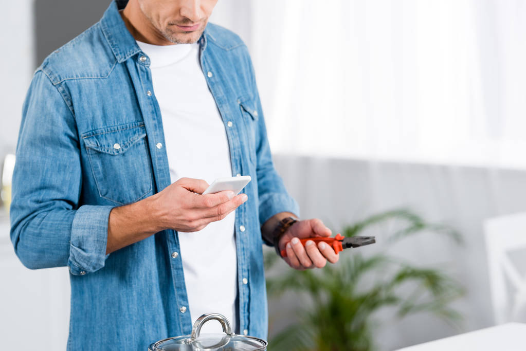 cropped view of man holding smartphone and pliers in hands - Photo, Image