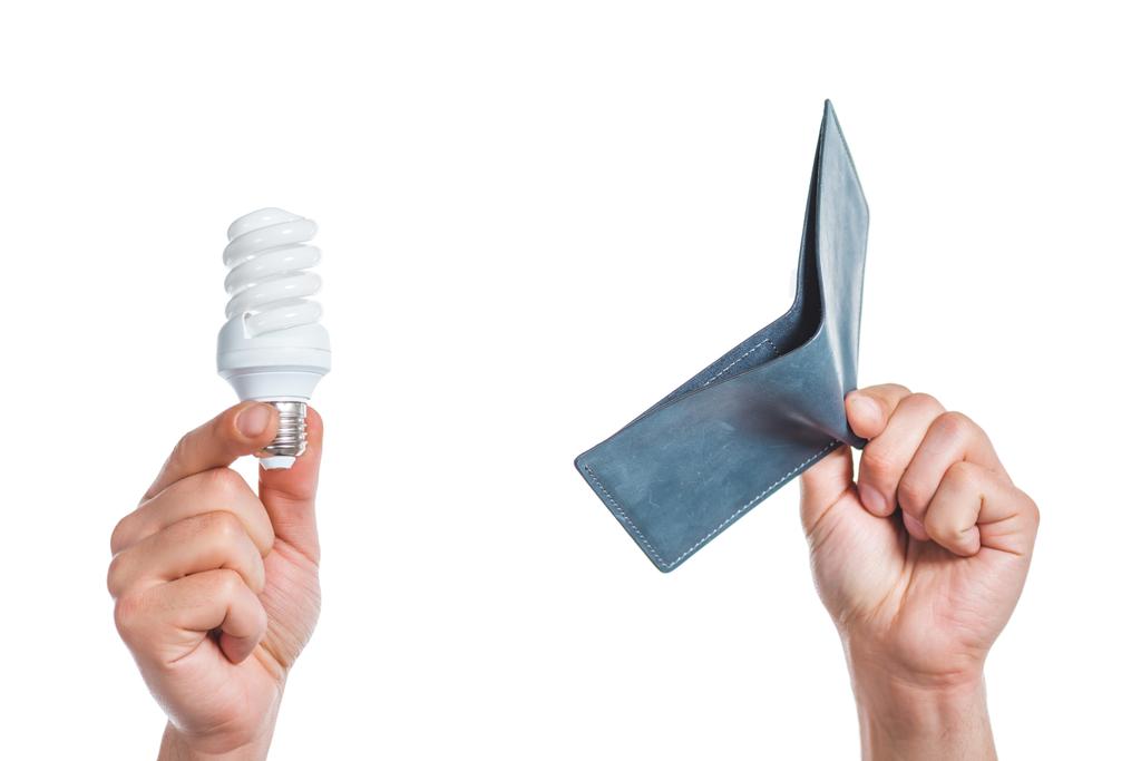 обрезанный вид мужских рук, держащих флуоресцентную лампу и бумажник в руках, изолированных на белом, концепция энергоэффективности
  - Фото, изображение