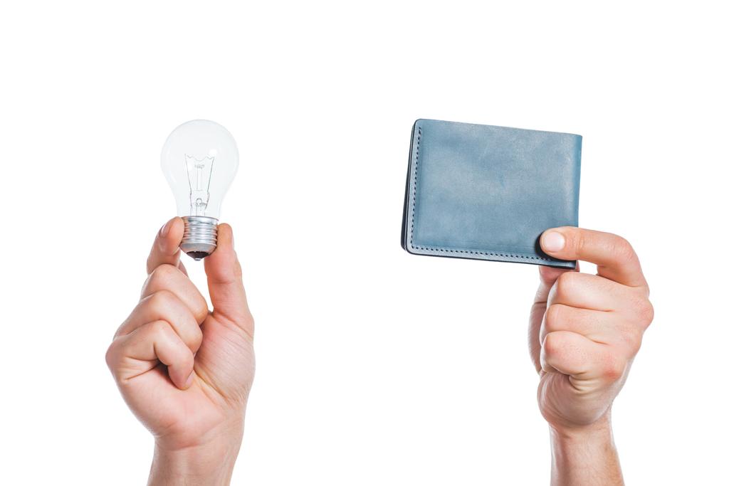 rajattu näkymä miesten kädet tilalla led-lamppu ja lompakko käsissä eristetty valkoinen, energiatehokkuuden käsite
 - Valokuva, kuva