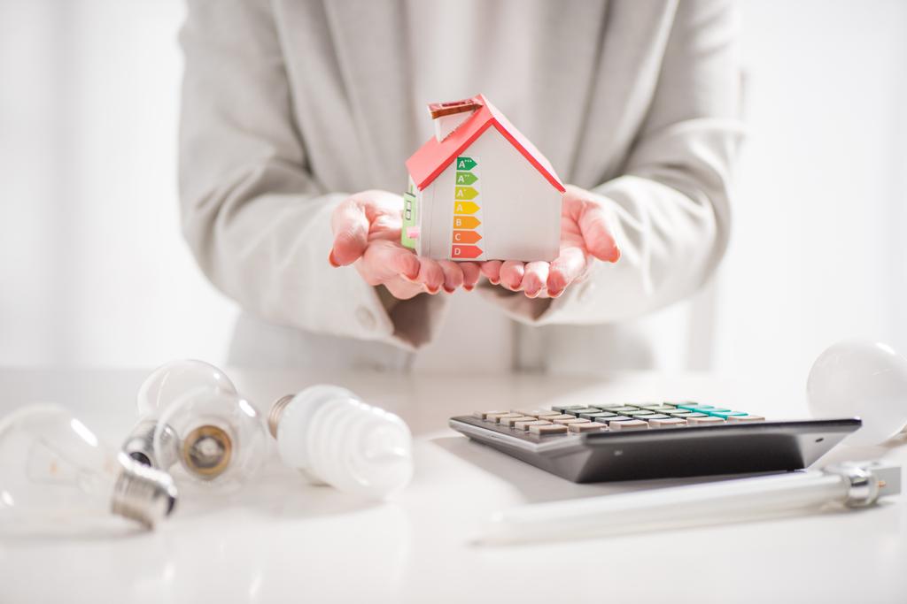 cropped view of woman holding carton house near calculator and light bulbs on white background, energy efficiency at home concept - Photo, Image