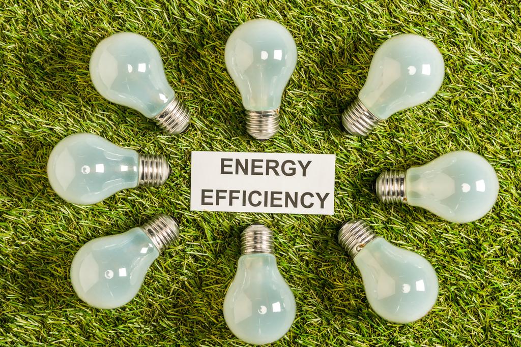 arriba ver lámparas fluorescentes cerca de la tarjeta de papel sobre hierba verde, concepto de eficiencia energética
 - Foto, imagen