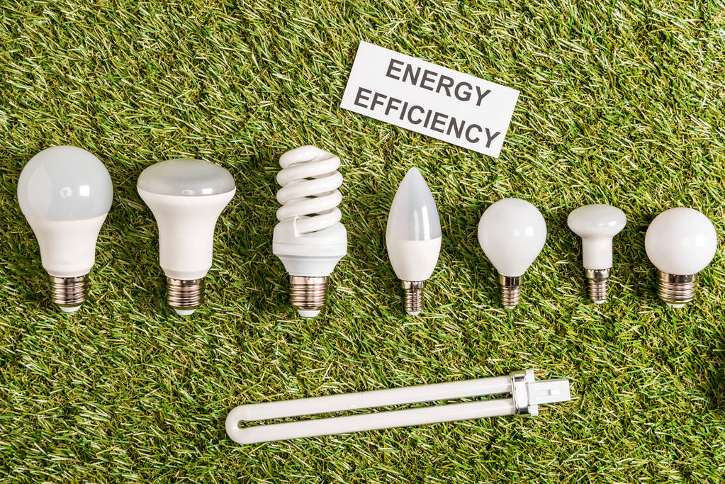 вид зверху на сучасні люмінесцентні лампи біля паперової картки з написом на зеленій траві, концепція енергоефективності
 - Фото, зображення