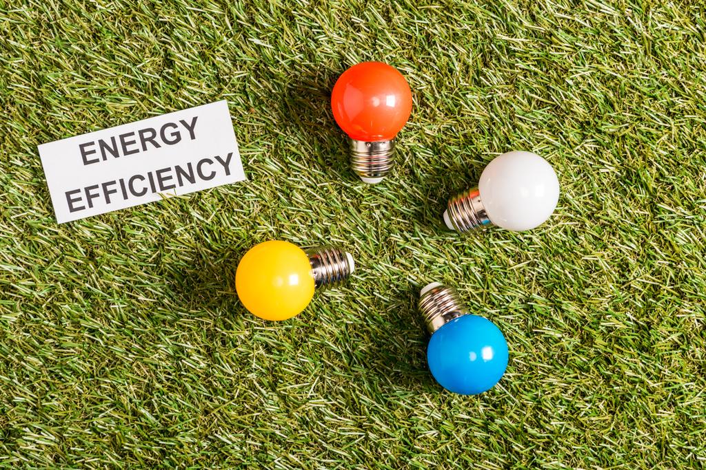 Widok z góry kolorowe lampy fluorescencyjne, w pobliżu karty papieru z napisem na zielonej trawie, pojęcie efektywności energetycznej - Zdjęcie, obraz