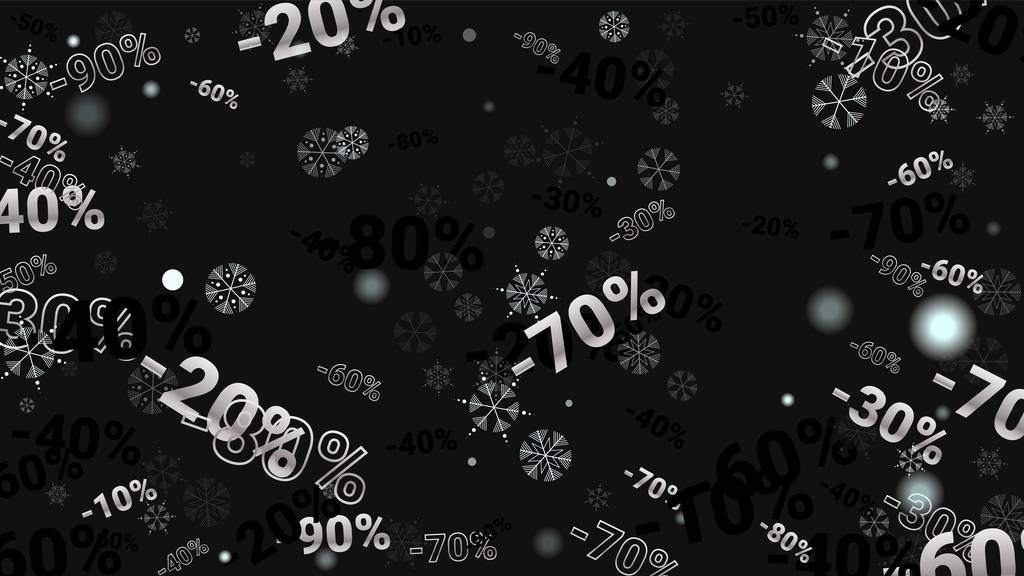 Відсотки на темному тлі. Чорний плакат зі срібними відсотками та сніжинками. Векторні знижки продажу фону
. - Вектор, зображення