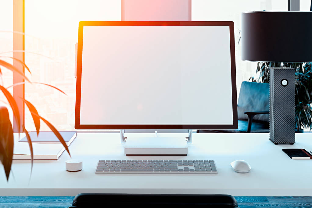 Prázdná bílá monitor, klávesnice a počítač myš na stůl. 3D vykreslování. - Fotografie, Obrázek