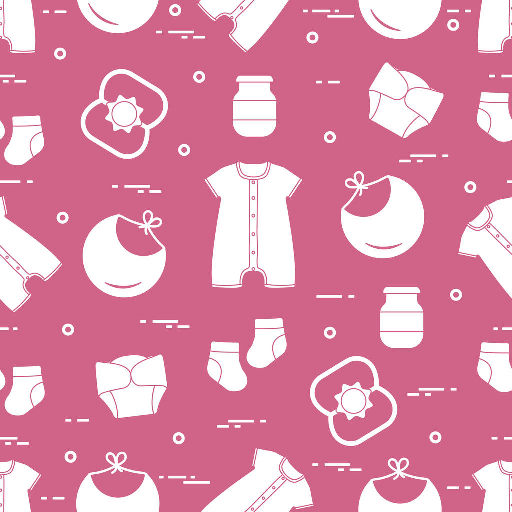 赤ちゃんのための商品とシームレスなパターン。生まれたばかりの赤ちゃんの背景。よだれかけ、ベビー食品缶、ガラガラ、靴下、おむつ、ボディー スーツ. - ベクター画像