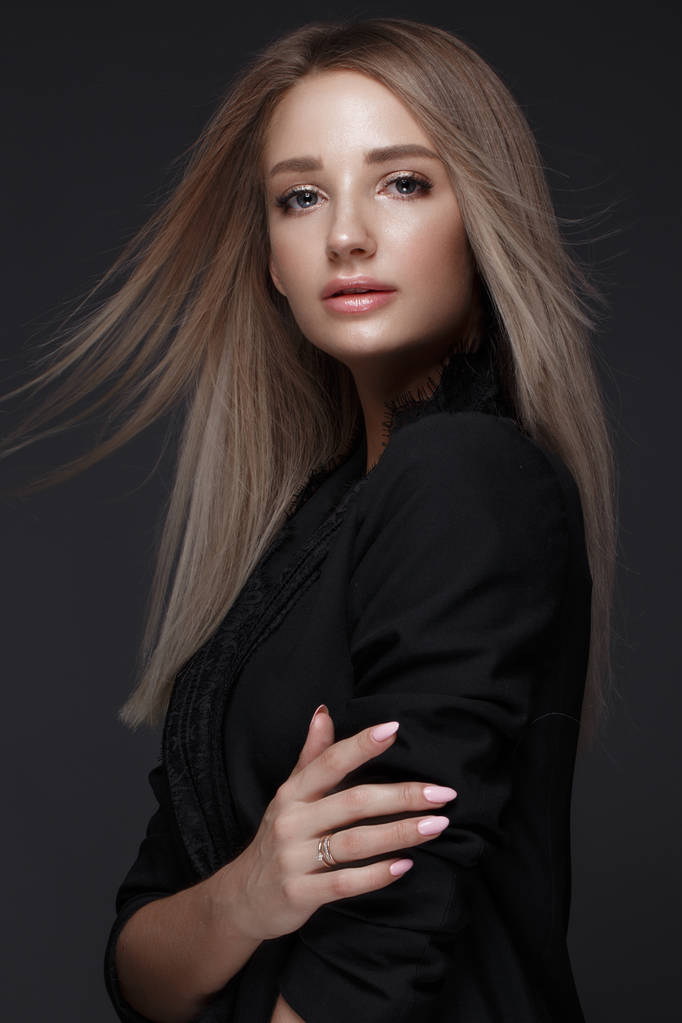 Beautiful woman with evening make-up and long straight hair . Smoky eyes. Fashion photo. - Photo, Image