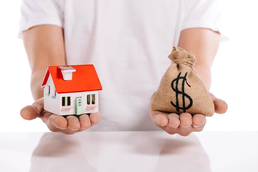 vista recortada del hombre que sostiene el modelo de la casa y el moneybag aislado en blanco, concepto de hipoteca
 - Foto, Imagen