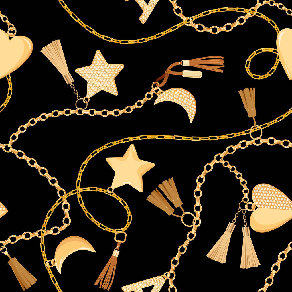 Złote łańcuchy i Charms z wzór diamentów. Mody tkanina tło z złota, kamieni szlachetnych i biżuterii elementy dla Tapety, Drukuj. Ilustracja wektorowa - Wektor, obraz