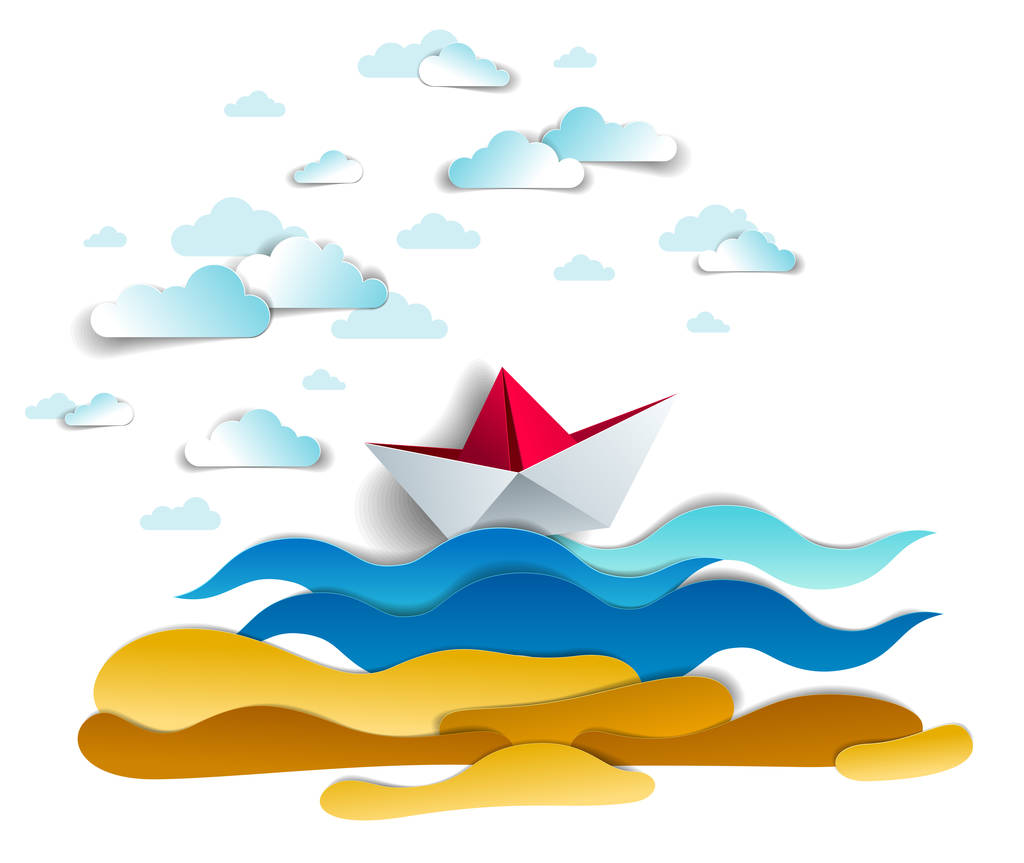 Origami-Papier-Schiff Spielzeug Schwimmen in Ozeanwellen, schöne Vektorillustration der malerischen Meereslandschaft mit Spielzeugboot schwimmt im Meer und Wolken am Himmel, Wasserreisen, Sommerferien - Vektor, Bild