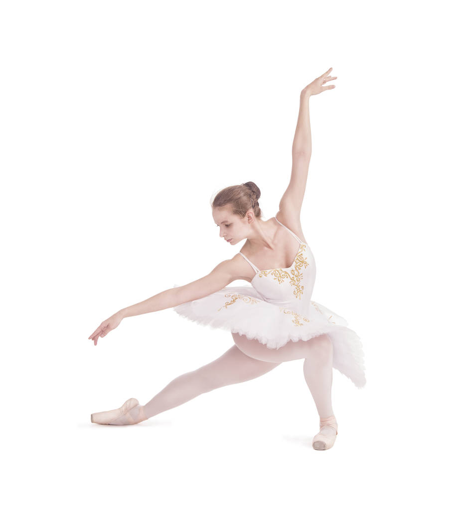Fehér szoknyában balett tánc lány. Stúdió felvétel-fehér háttér, elszigetelt kép. - Fotó, kép