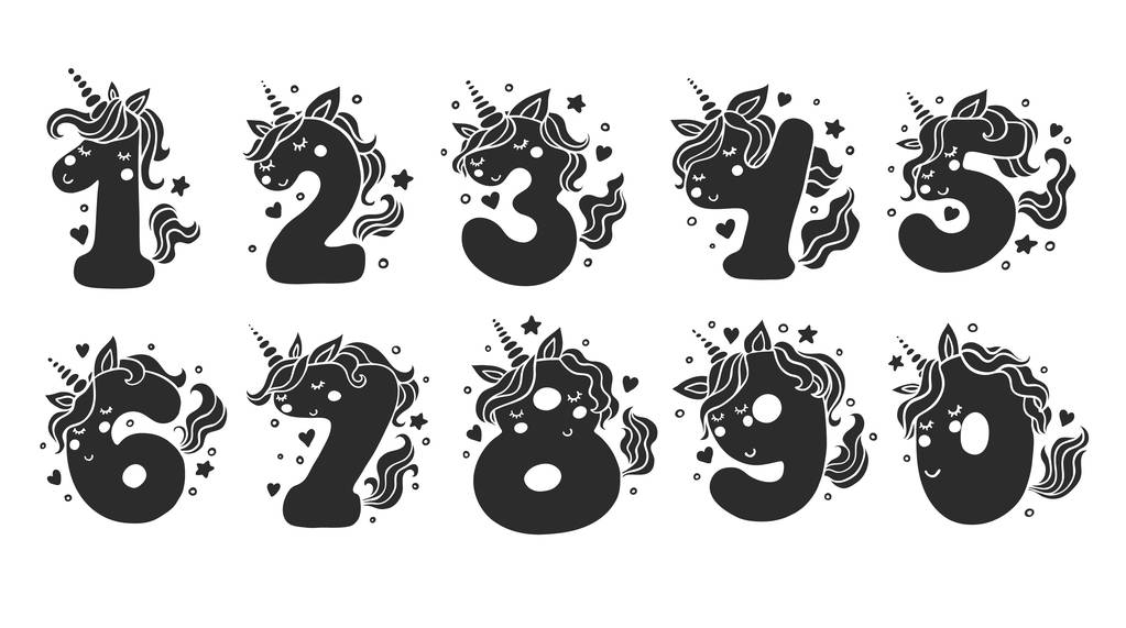 Números com conjunto de vetores de caracteres de unicórnios bonitos
 - Vetor, Imagem