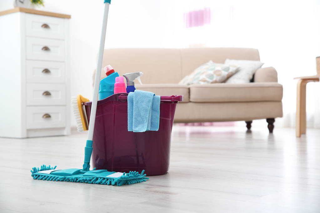 Швабра и моющие средства на полу в гостиной, место для текста. Услуги по уборке
 - Фото, изображение