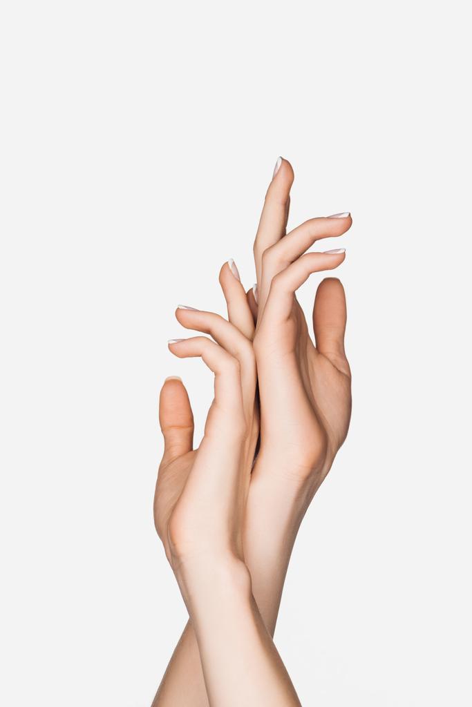 Ausgeschnittene Ansicht einer gestikulierenden Frau mit auf Weiß isolierten Händen - Foto, Bild