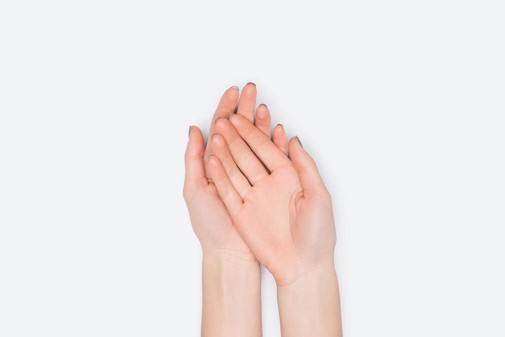 Widok z góry z kobiecych rąk na białym z miejsca kopiowania tle - Zdjęcie, obraz