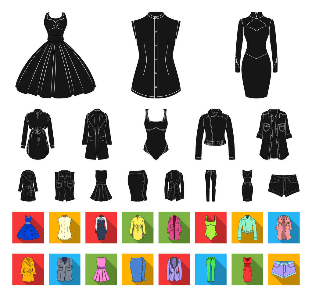 Naisten Vaatteet musta, tasainen kuvakkeet asetettu kokoelma design.Clothing Lajikkeet ja tarvikkeet vektori symboli varastossa web kuva
. - Vektori, kuva